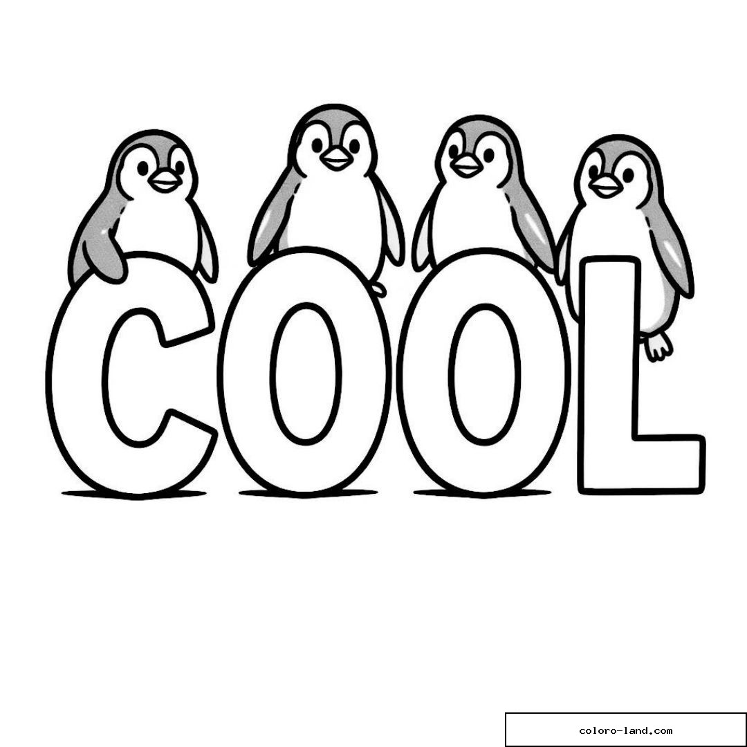 Pingouins mignons sur lettres "COOL" à colorier