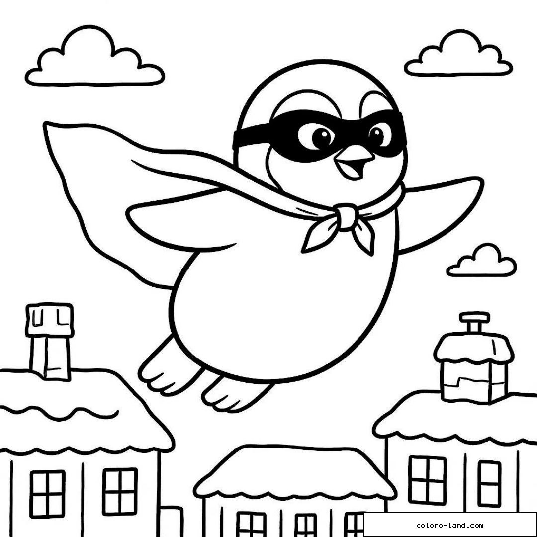 Pingouin super héros volant au-dessus des toits enneigés.