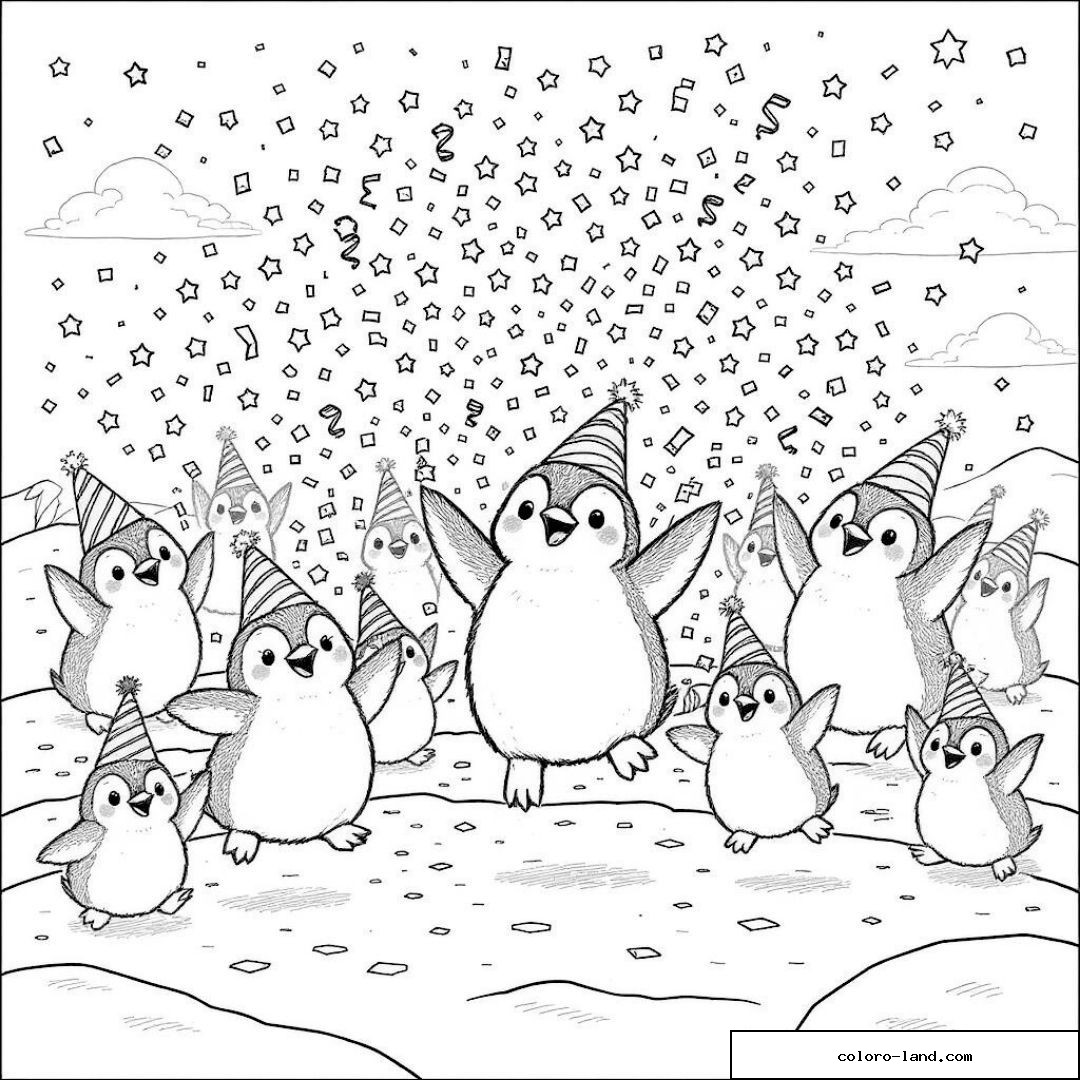 Illustration de pingouins en fête sous les confettis festifs.