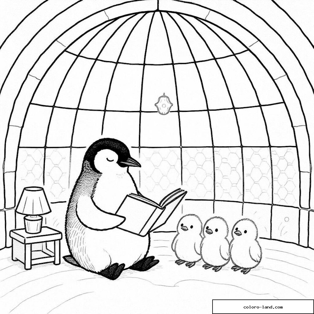 Pingouin dans igloo lisant à ses petits