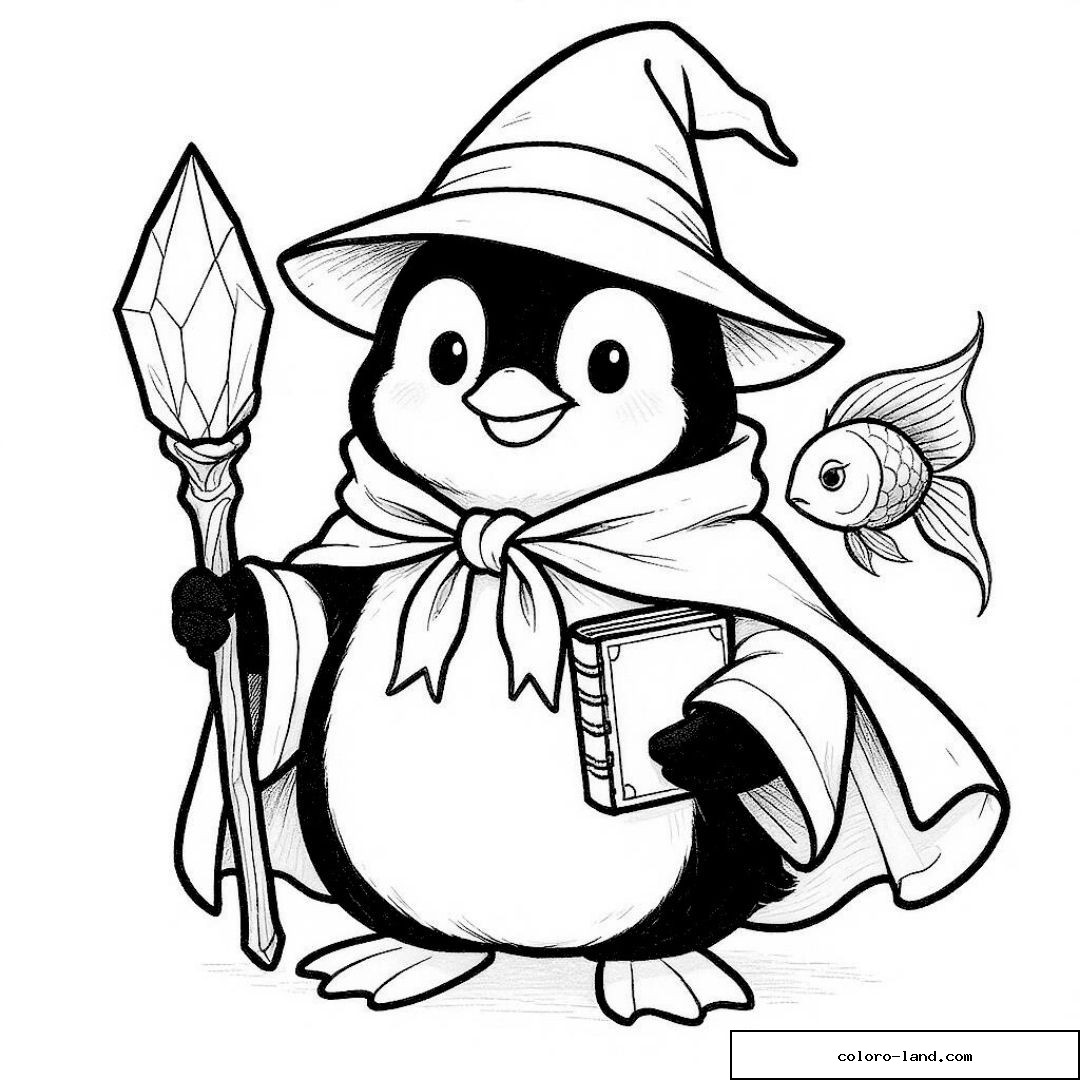 Pingouin sorcier avec bâton magique et poisson doré près de lui.