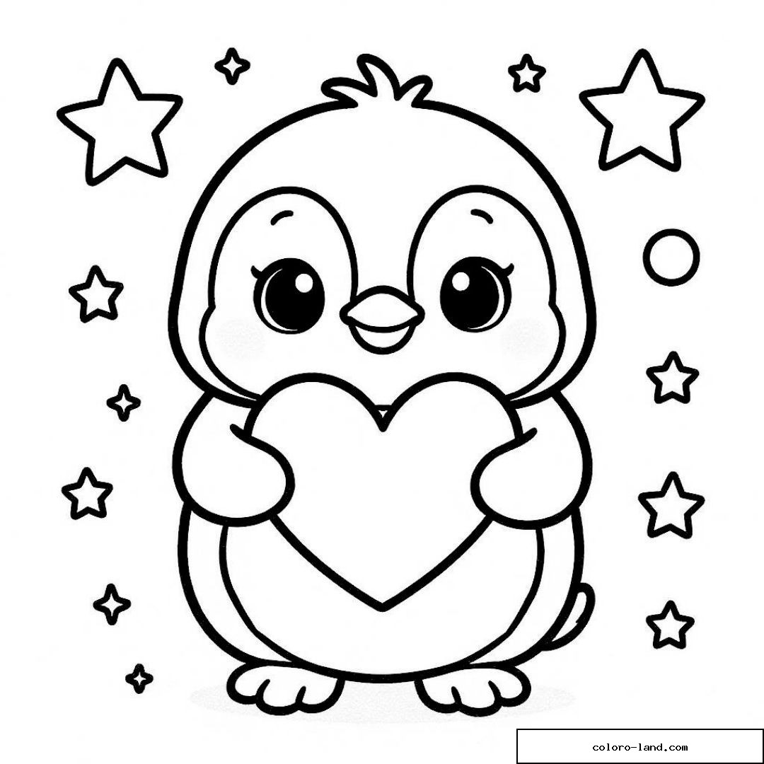 Dessin de pingouin adorable tenant un cœur entouré d'étoiles.