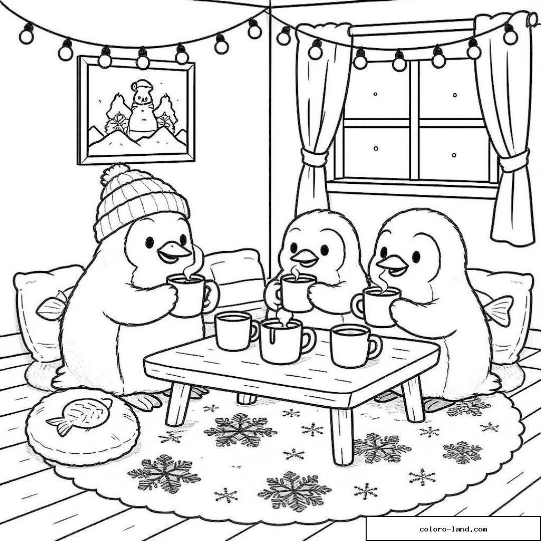 Pingouins réunis autour d'une table déguisés pour l'hiver
