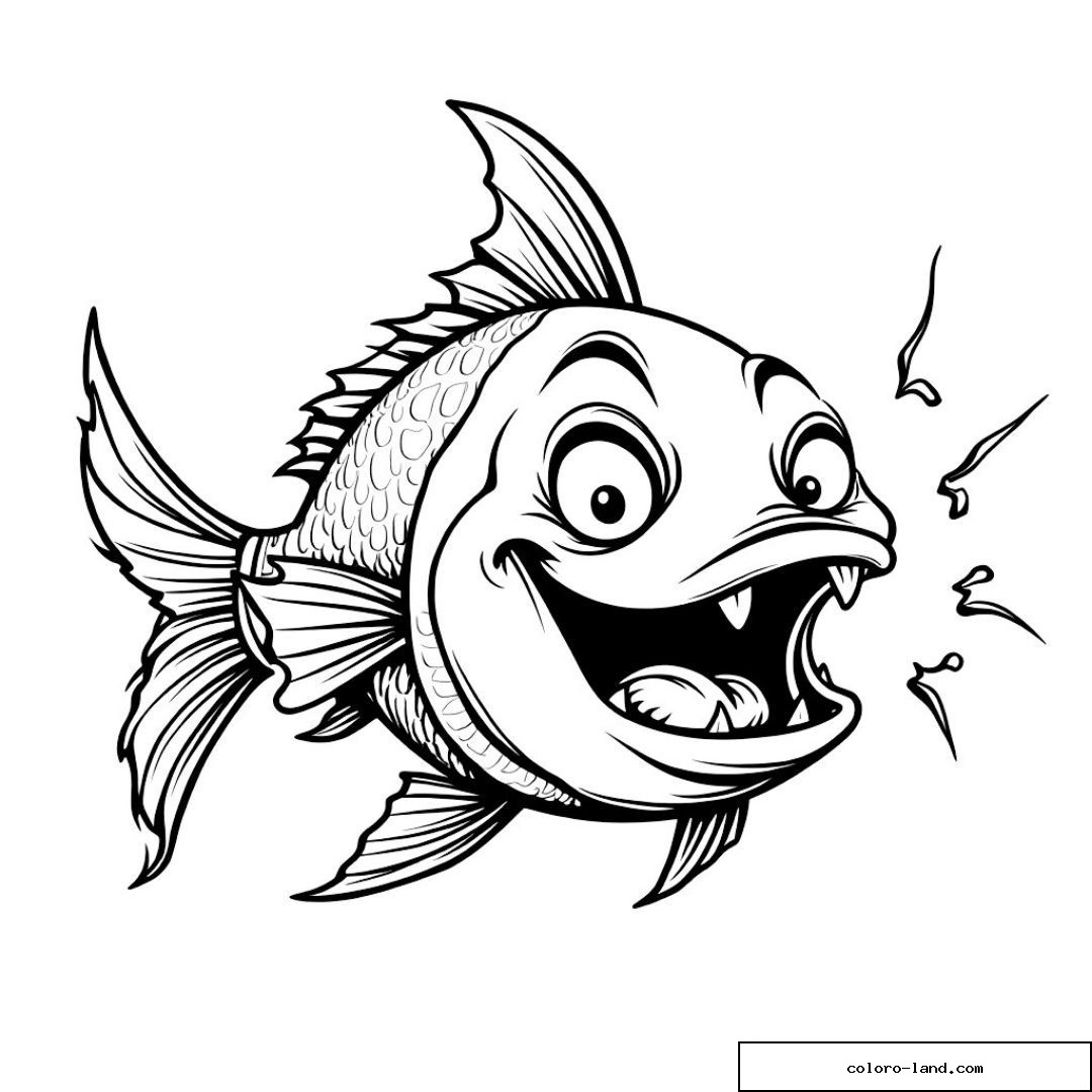 Dessin de poisson comique avec yeux écarquillés et nageoires détaillées.