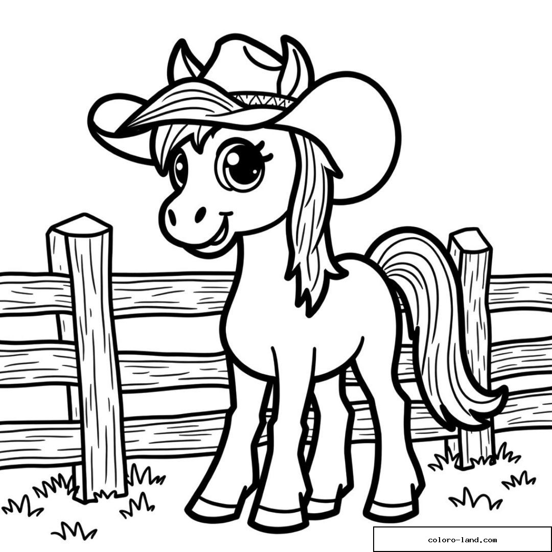 Dessin d'un poney souriant avec un chapeau de cowboy près d'une clôture en bois.