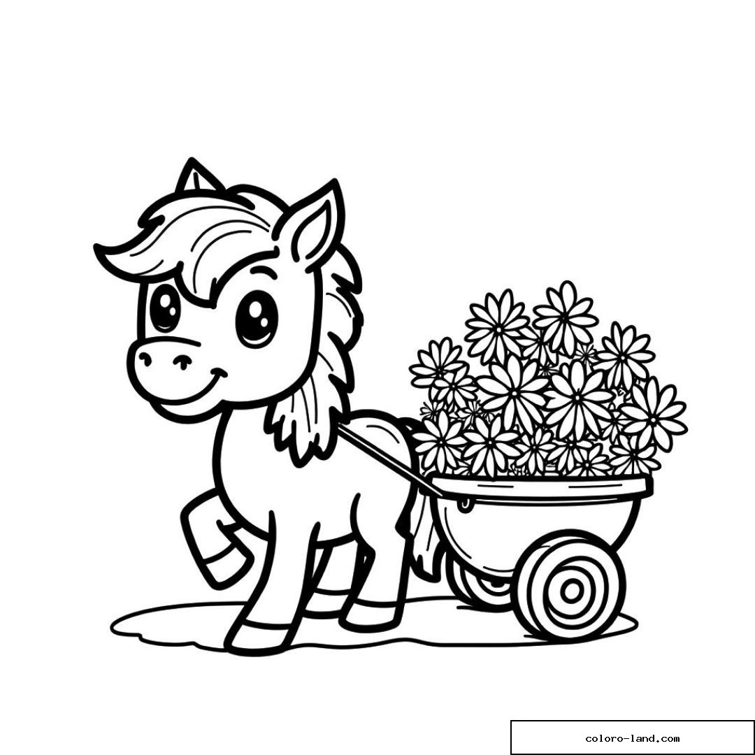 Dessin de poney avec chariot de fleurs prêt à colorier pour enfants.