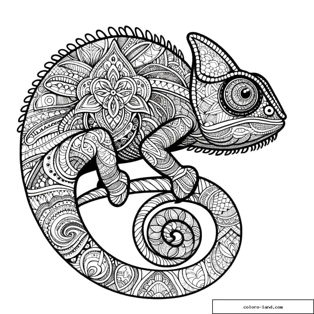 Dessin à colorier mandala adulte caméléon