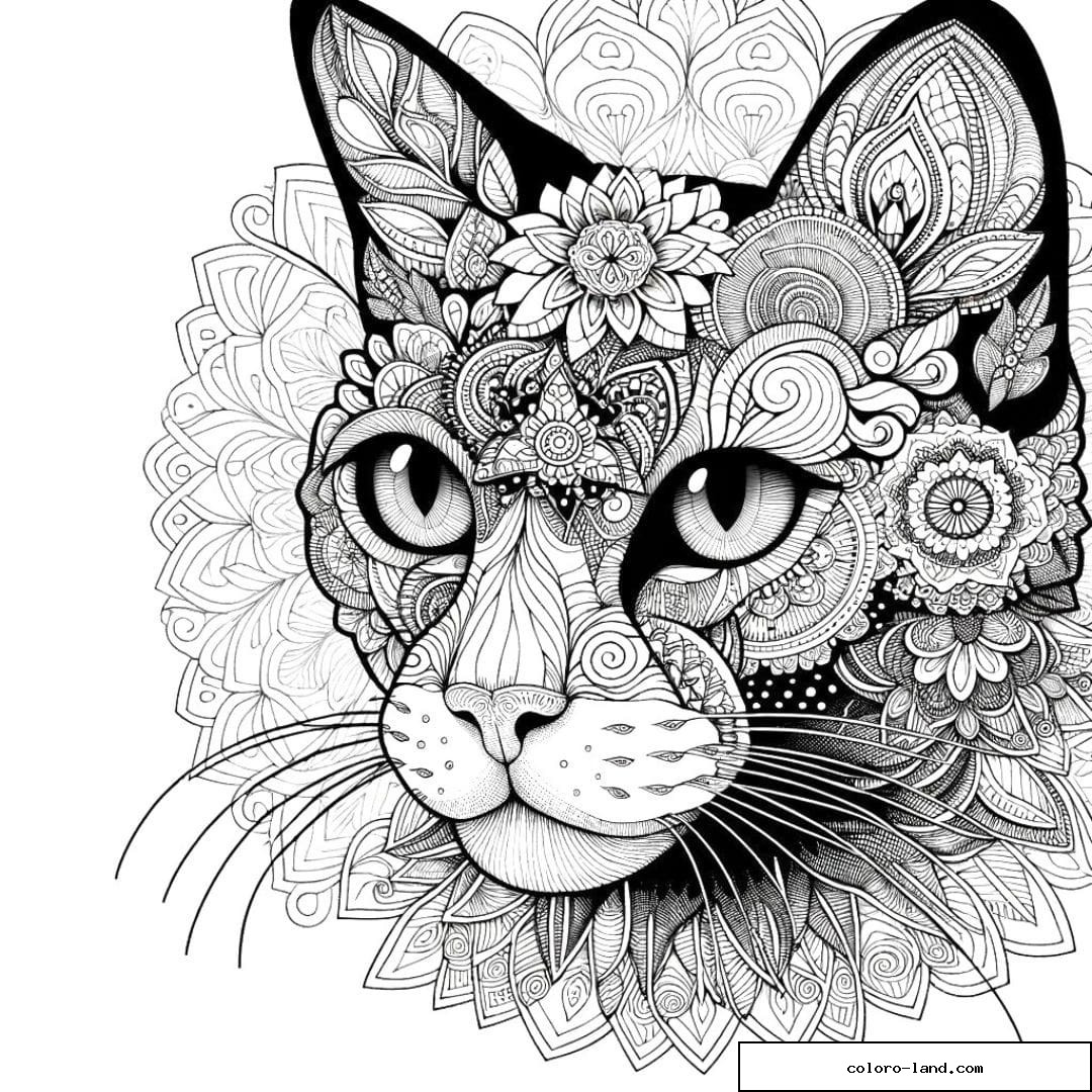 Dessin à colorier mandala adulte chat