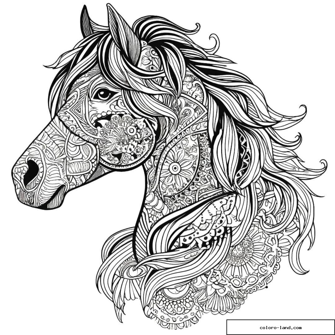Dessin à colorier mandala adulte cheval
