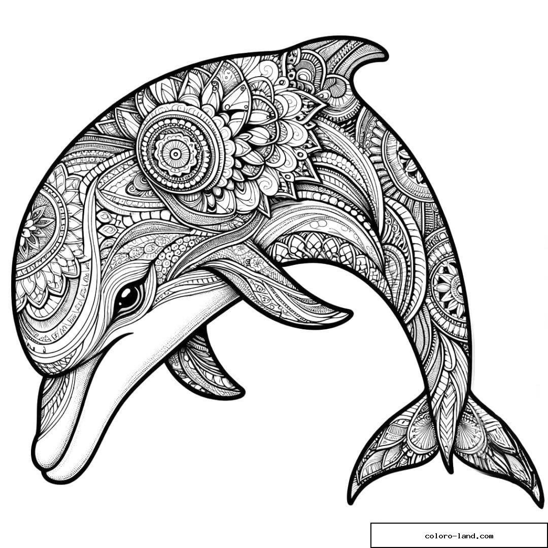 Dessin à colorier mandala adulte dauphin