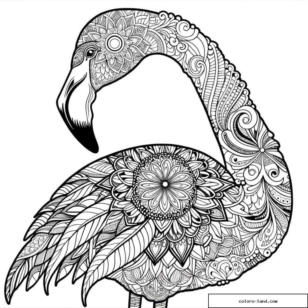 Dessin à colorier mandala adulte flamant rose