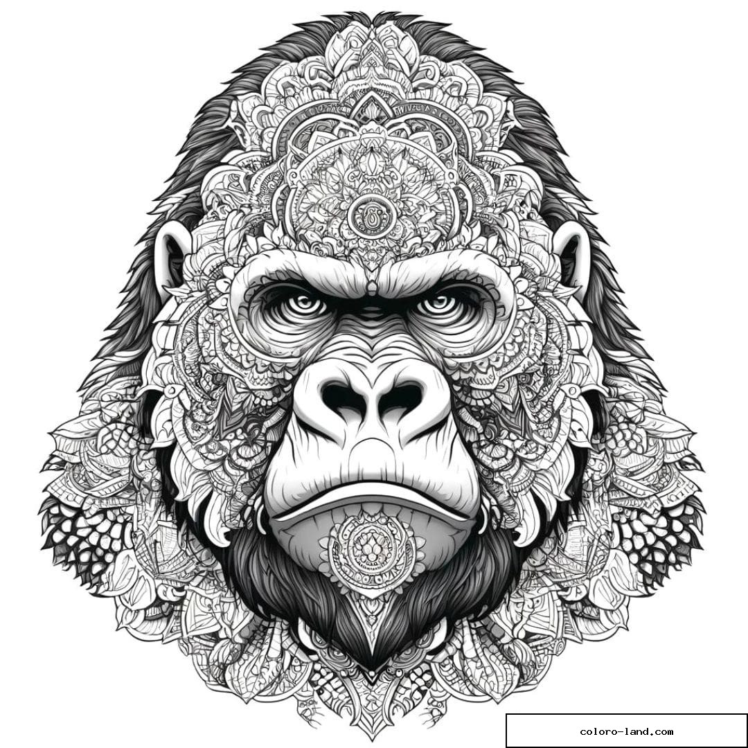 Dessin à colorier mandala adulte gorille