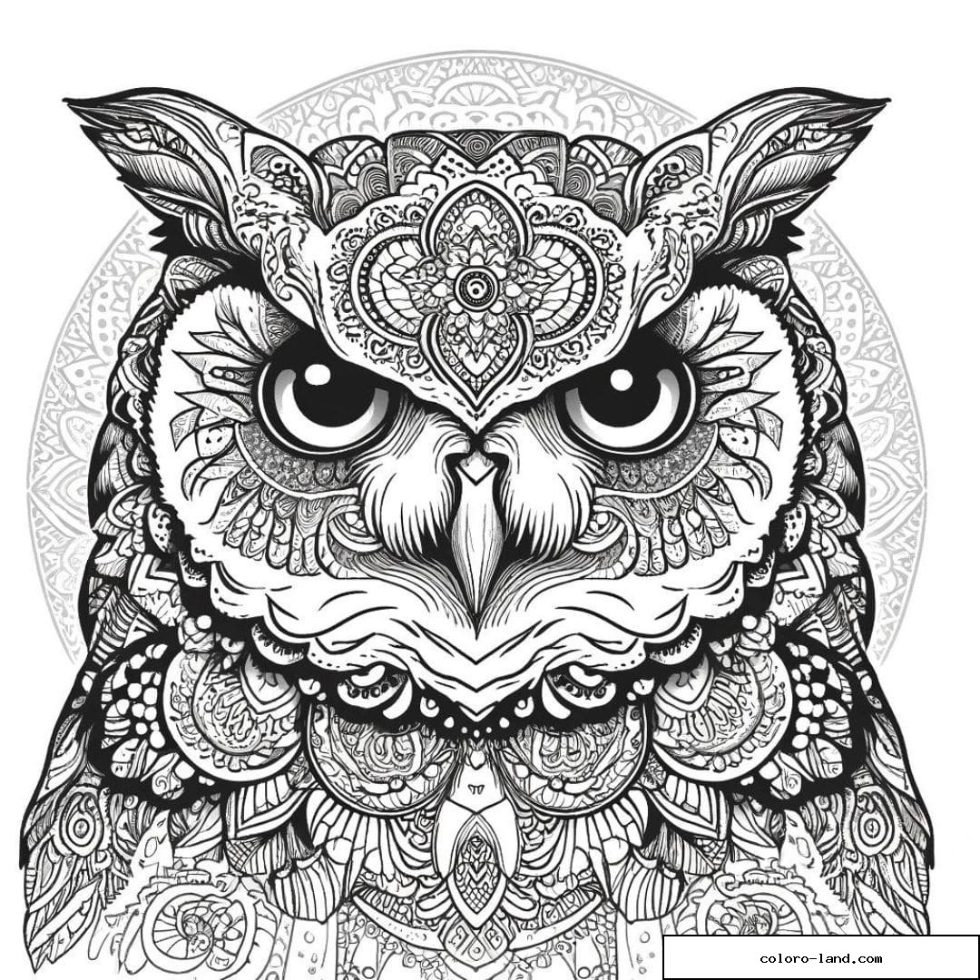 Dessin à colorier mandala adulte hibou