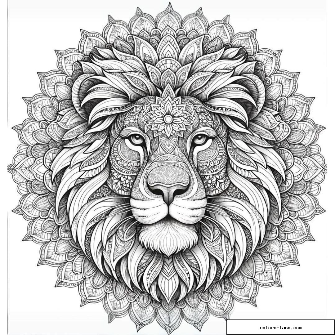 Dessin à colorier mandala adulte lion