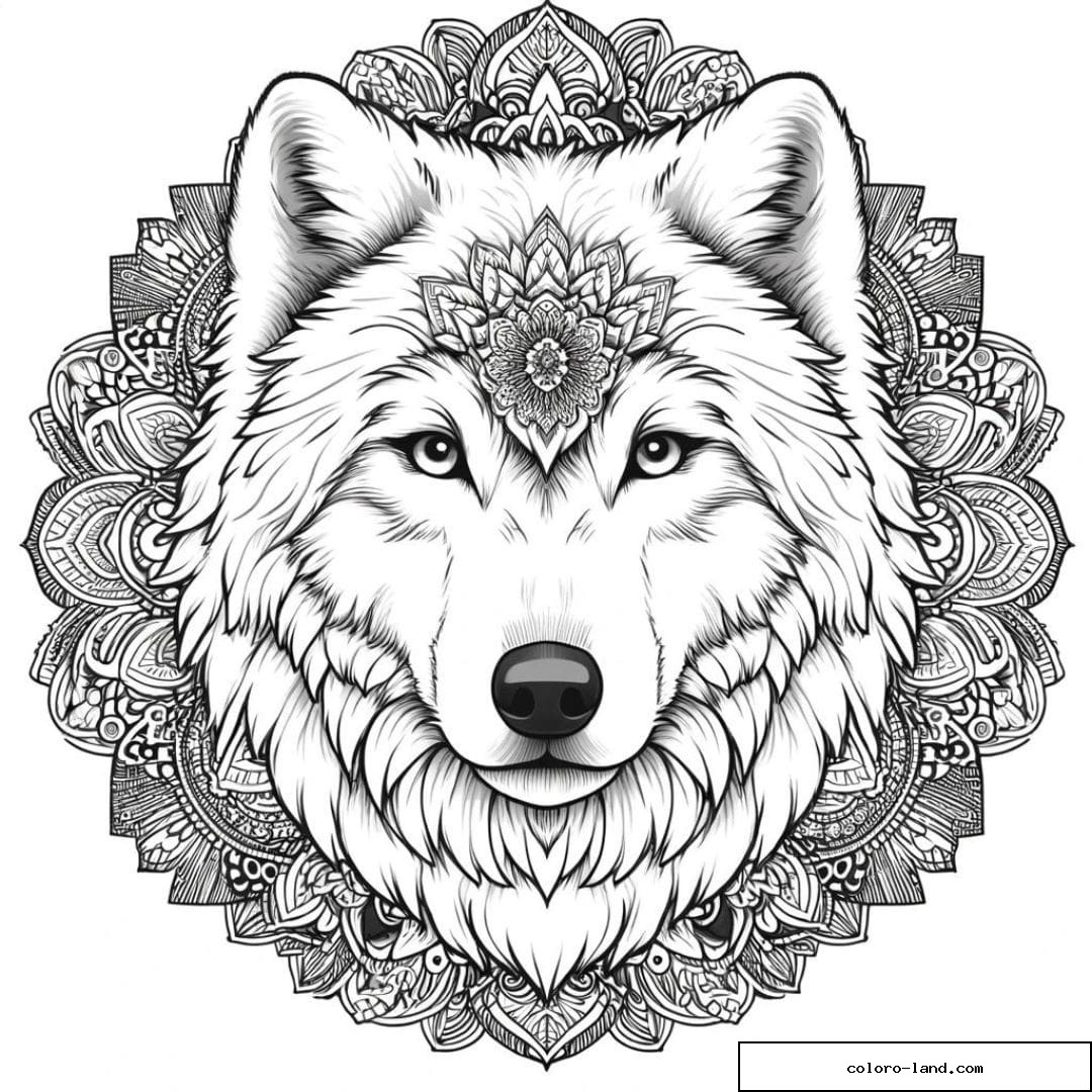 Dessin à colorier mandala adulte loup arctique