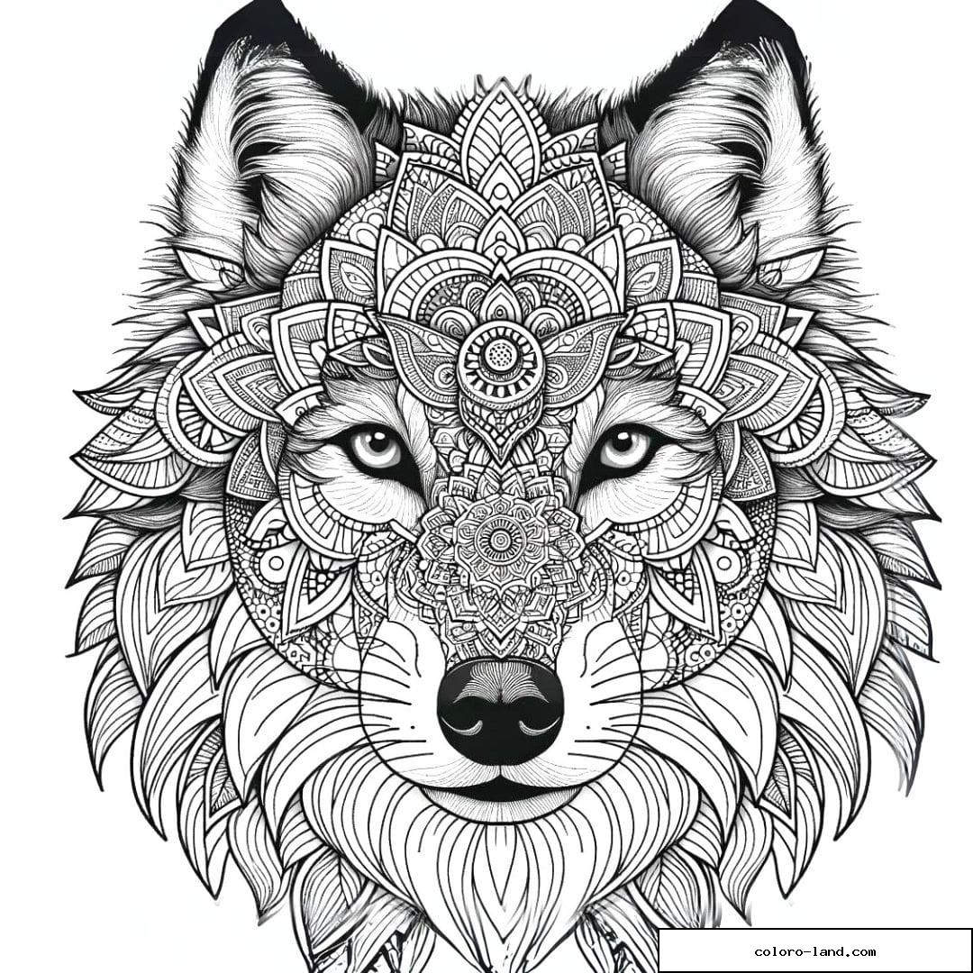 Dessin à colorier mandala adulte loup