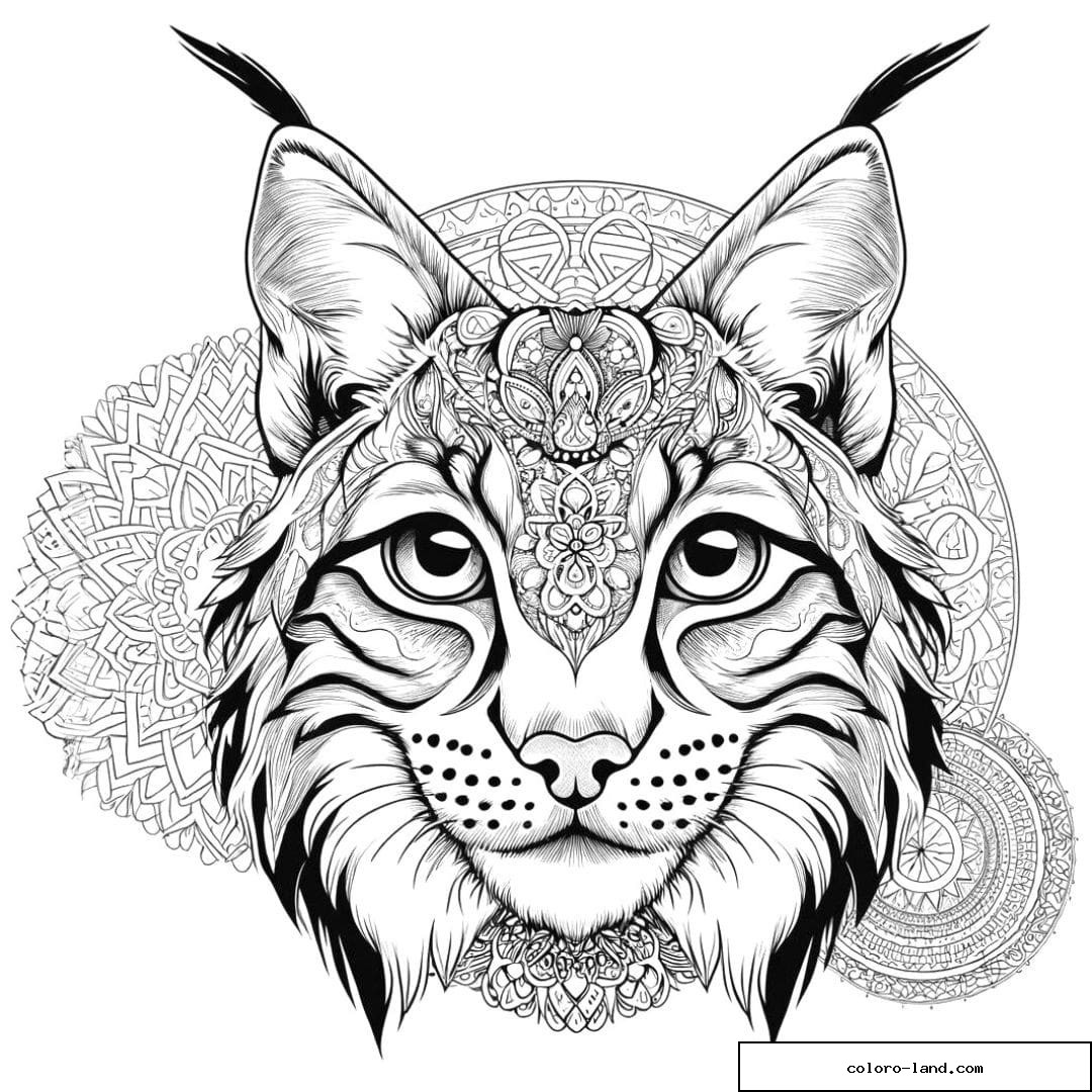 Dessin à colorier mandala adulte lynx