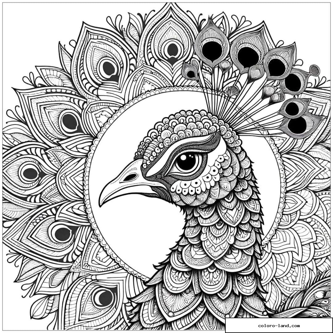 Dessin à colorier mandala adulte paon