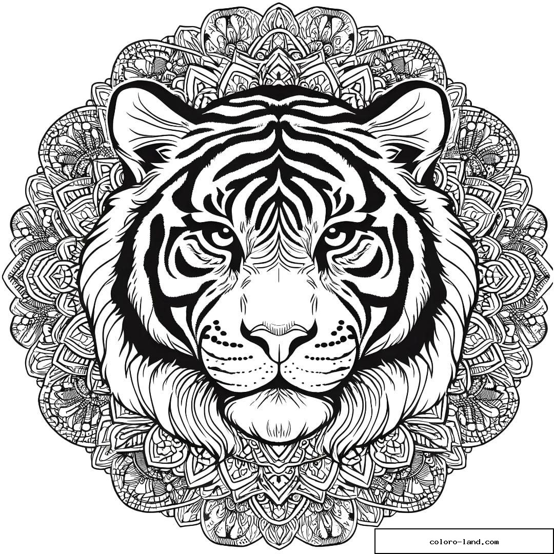 Dessin à colorier mandala adulte tigre