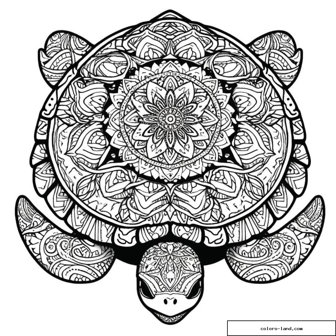 Dessin à colorier mandala adulte tortue