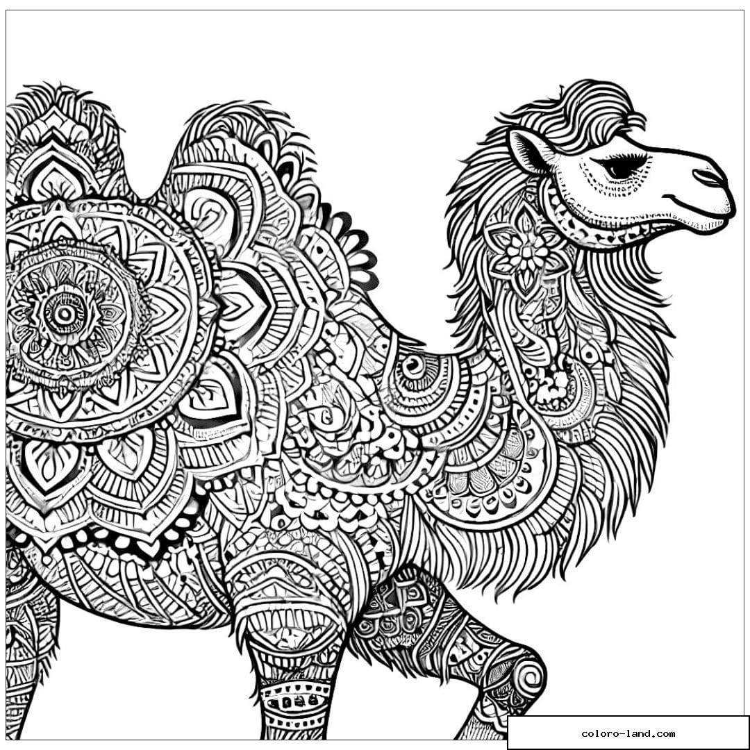 Dessin à colorier d'un chameau avec motifs mandala, coloriage mandala chameau à imprimer