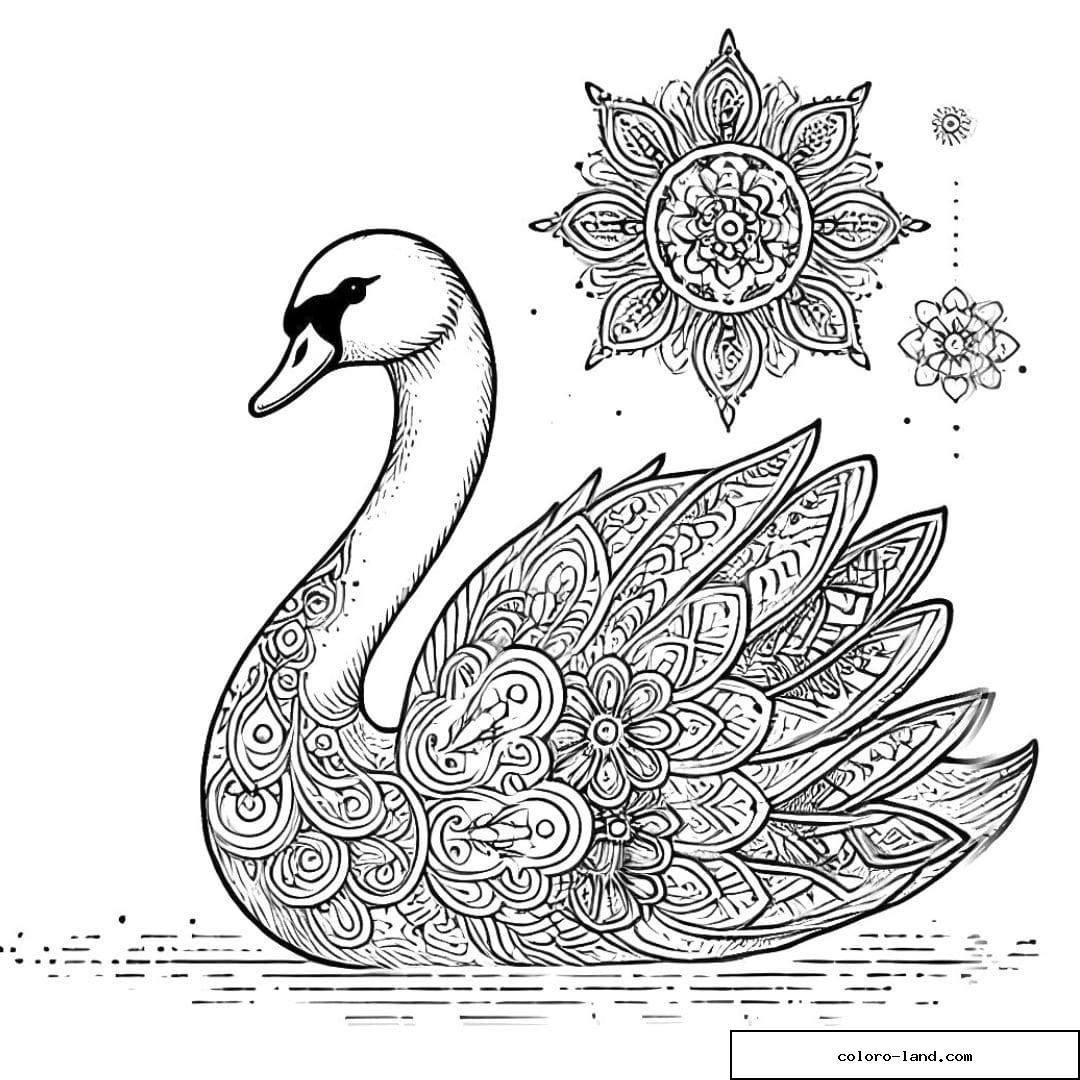 Dessin à colorier d'un cygne avec motifs mandala, coloriage mandala cygne à imprimer