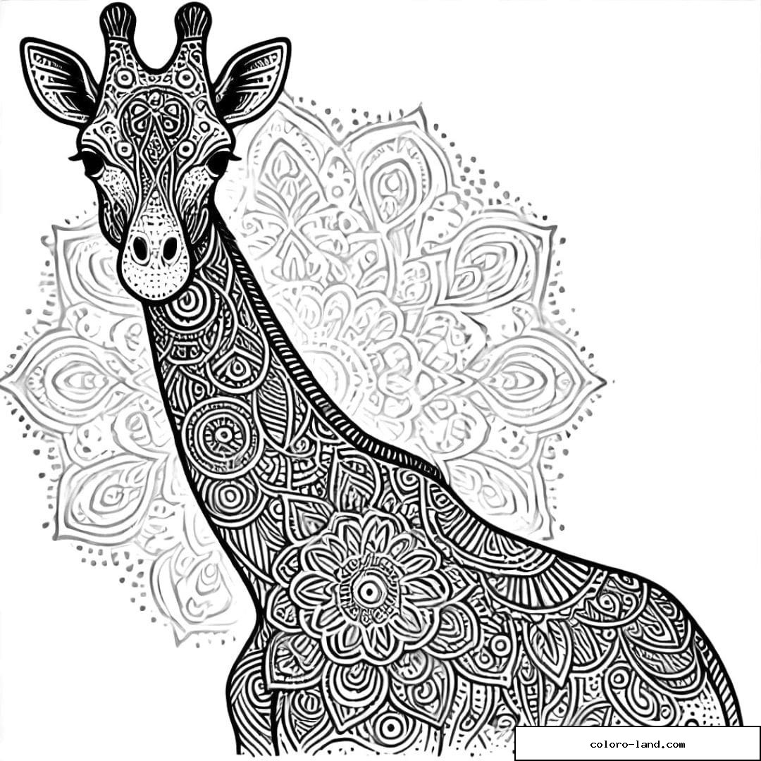 Dessin à colorier d'une girafe avec motifs mandala, coloriage mandala girafe à imprimer