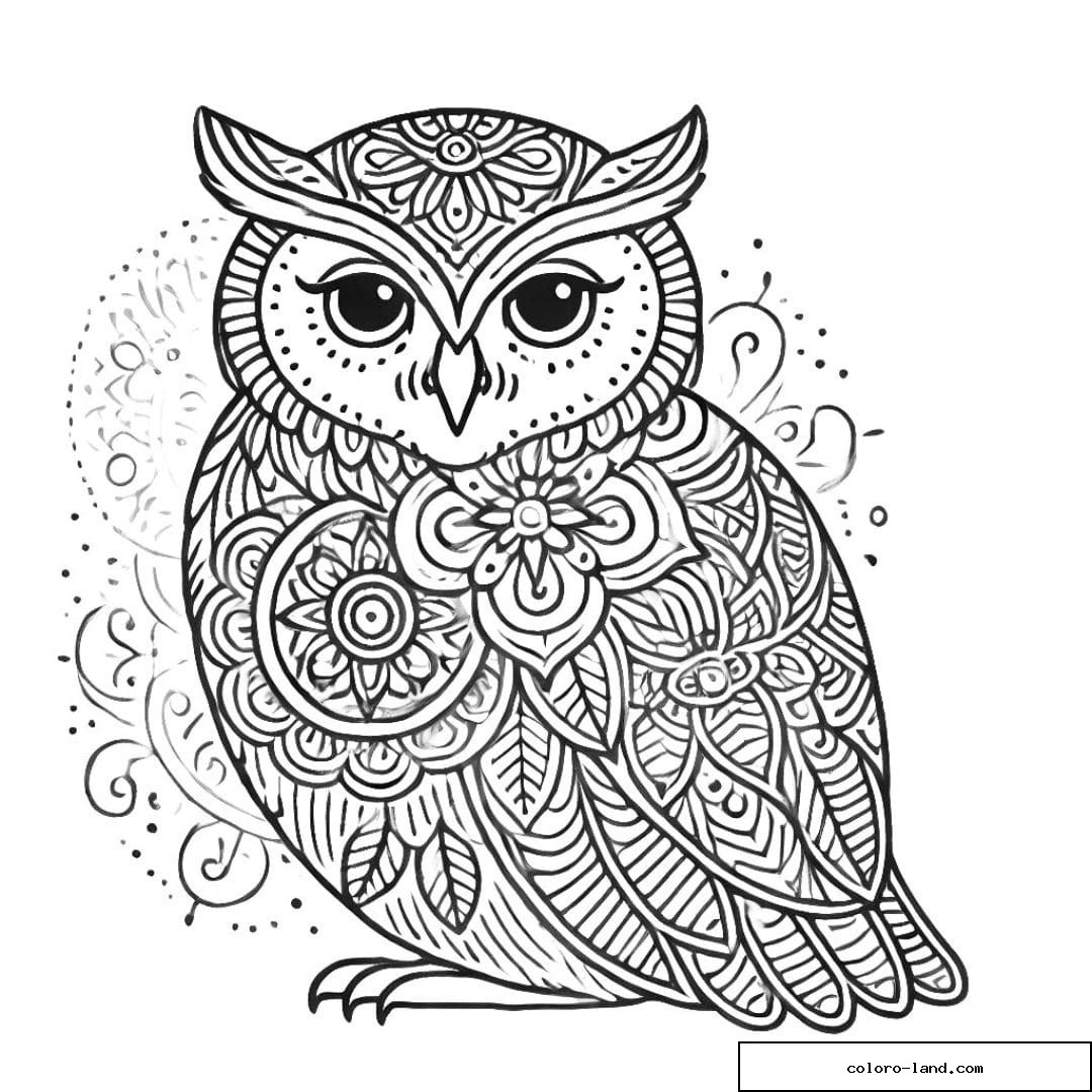 Dessin à colorier d'un hibou avec motifs mandala, coloriage mandala hibou à imprimer