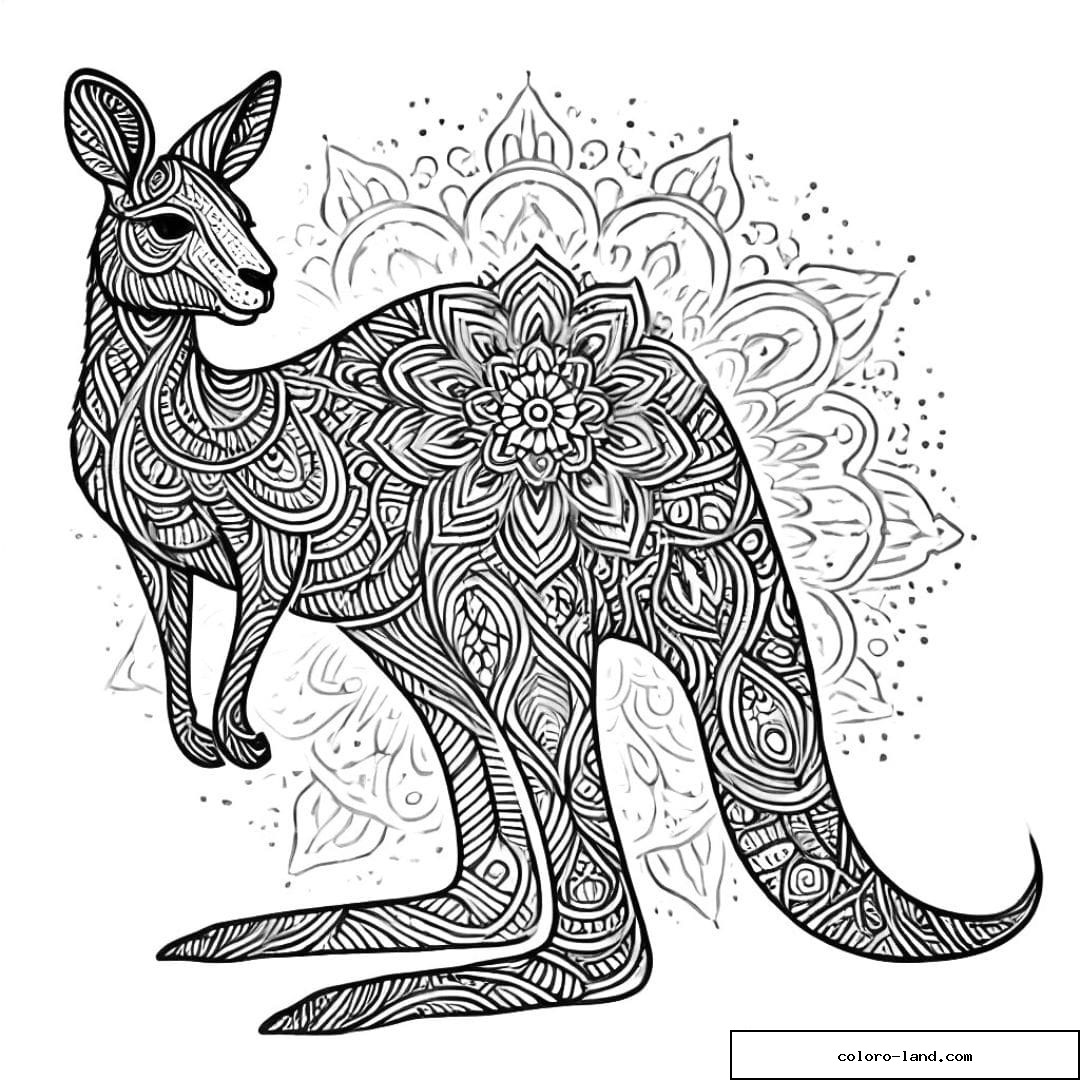 Dessin à colorier d'un kangourou avec motifs mandala, coloriage mandala kangourou à imprimer