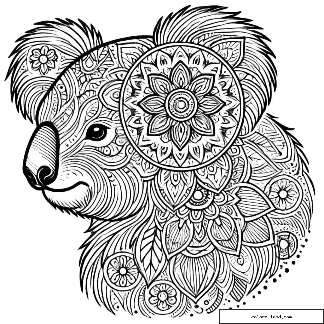 Dessin à colorier d'un koala avec motifs mandala, coloriage mandala koala à imprimer