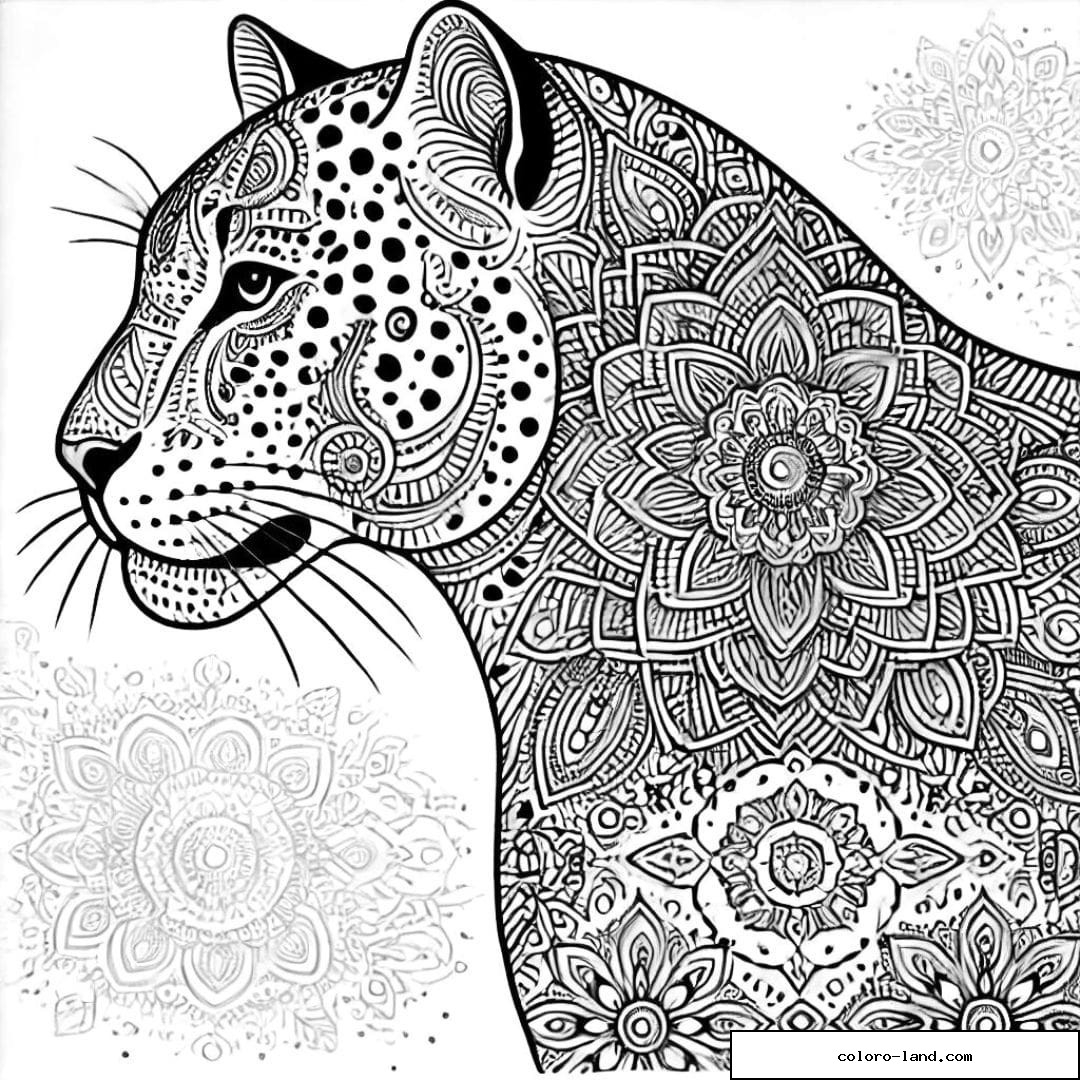 Dessin à colorier d'un léopard avec motifs mandala, coloriage mandala léopard à imprimer