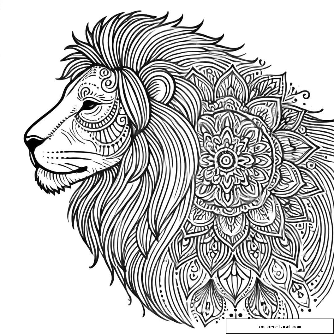 Dessin à colorier d'un lion avec motifs mandala, coloriage mandala lion à imprimer