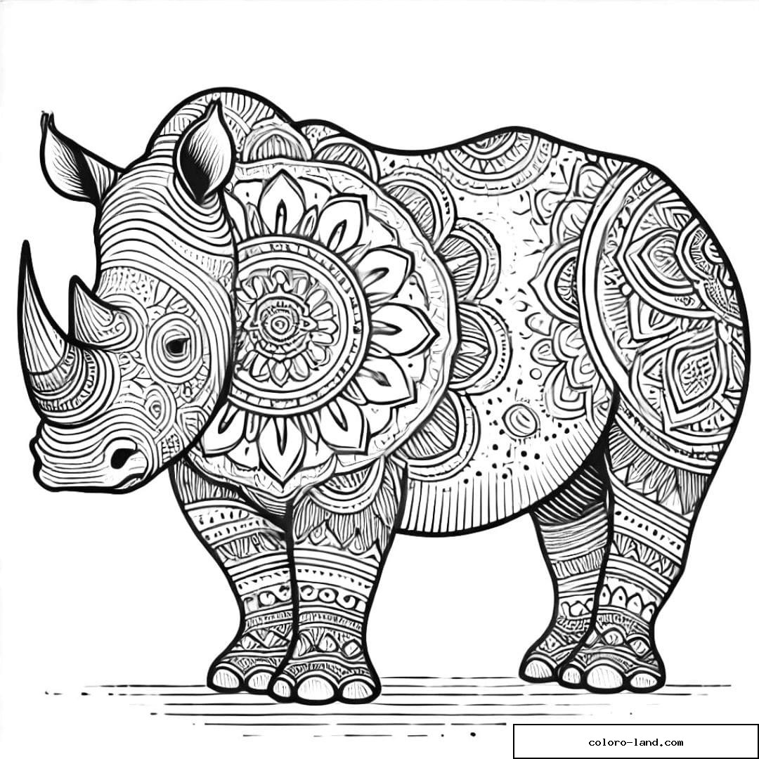Dessin à colorier d'un rhinocéros avec motifs mandala, coloriage mandala rhinocéros à imprimer