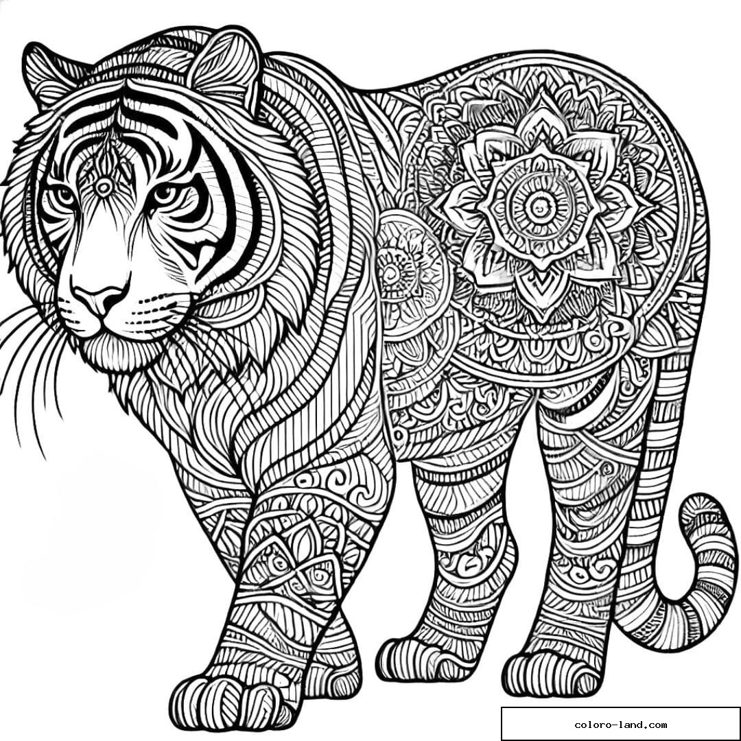 Dessin à colorier d'un tigre avec motifs mandala, coloriage mandala tigre à imprimer