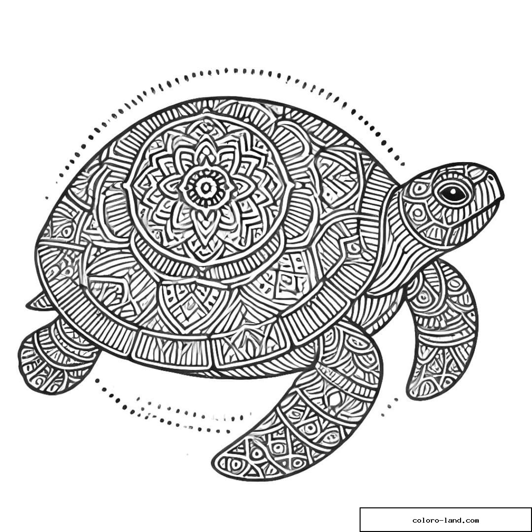 Dessin à colorier d'une tortue avec motifs mandala, coloriage mandala tortue à imprimer
