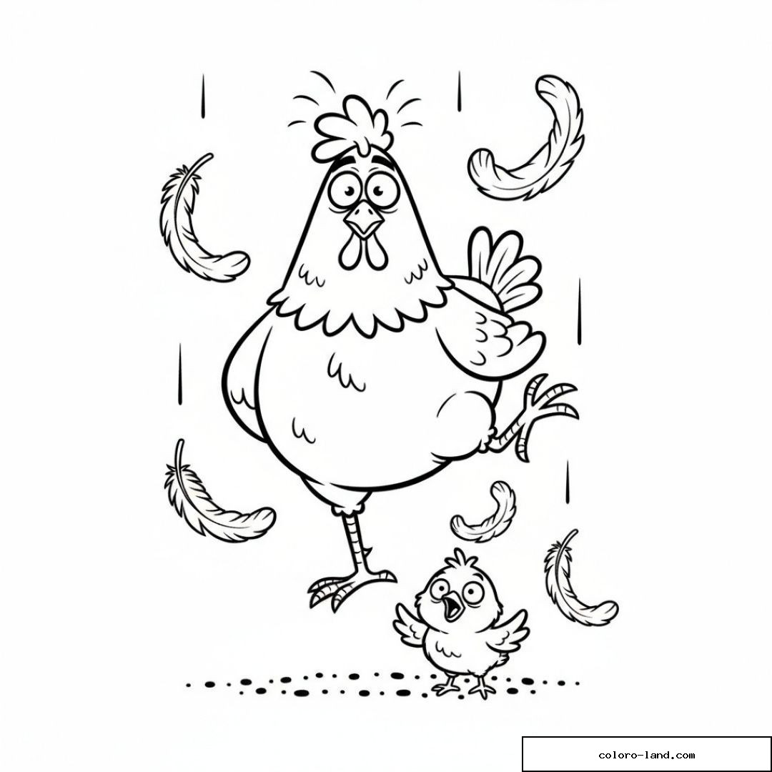 Poule et poussin dansant avec plumes autour