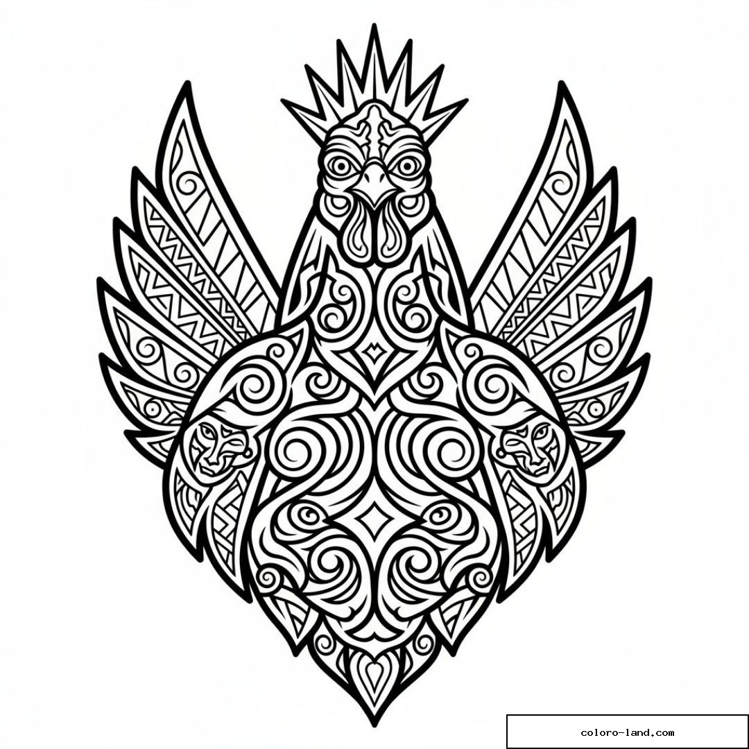 Coloriage coq unique avec de nombreux détails et motifs complexes.
