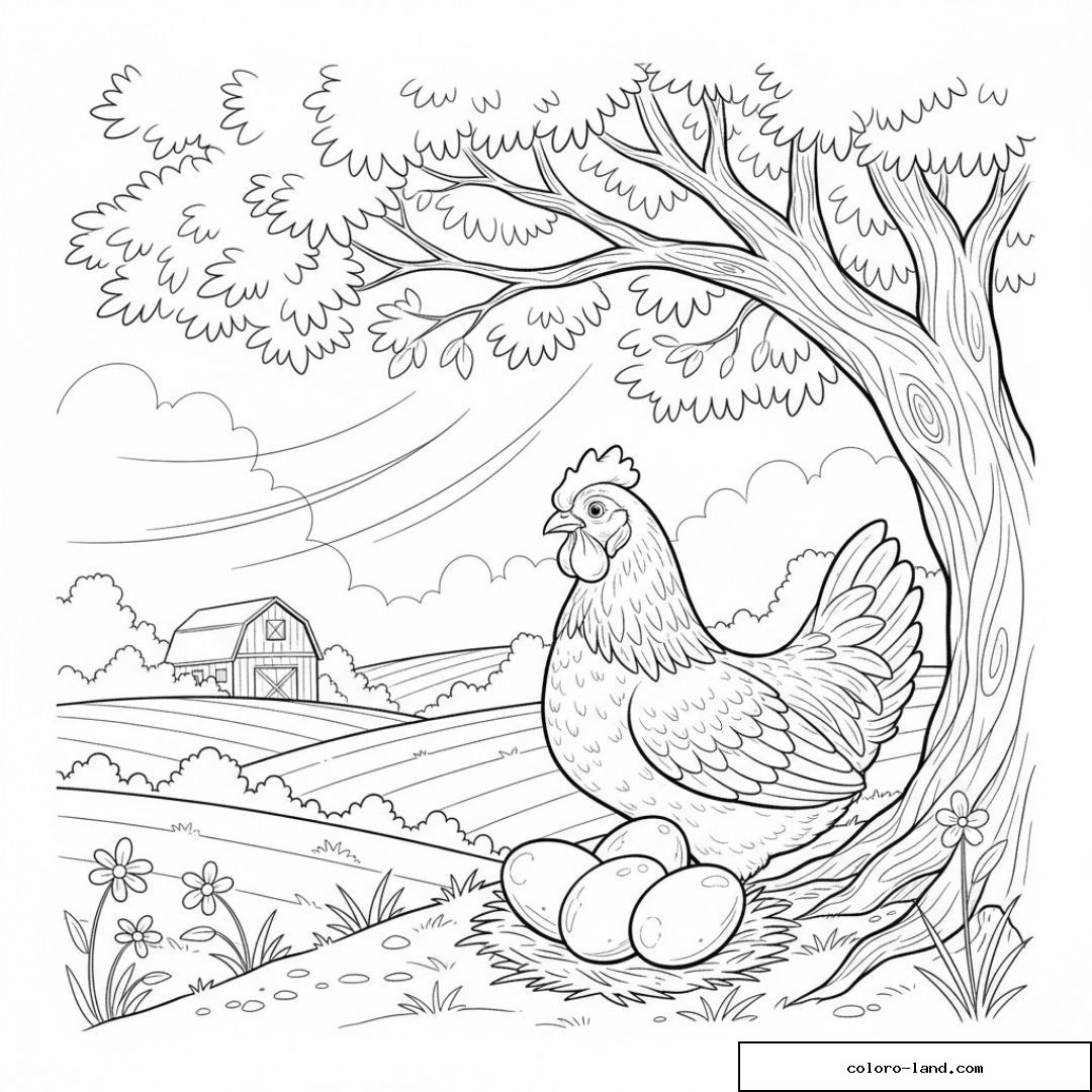 Poule assise sous un arbre avec œufs et paysage champêtre en fond.