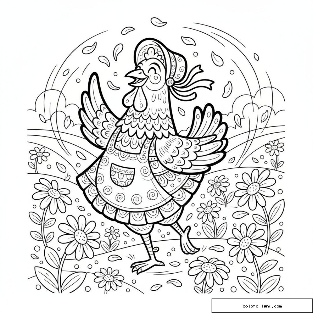 Dessin de poule joyeuse au jardin parmi les fleurs