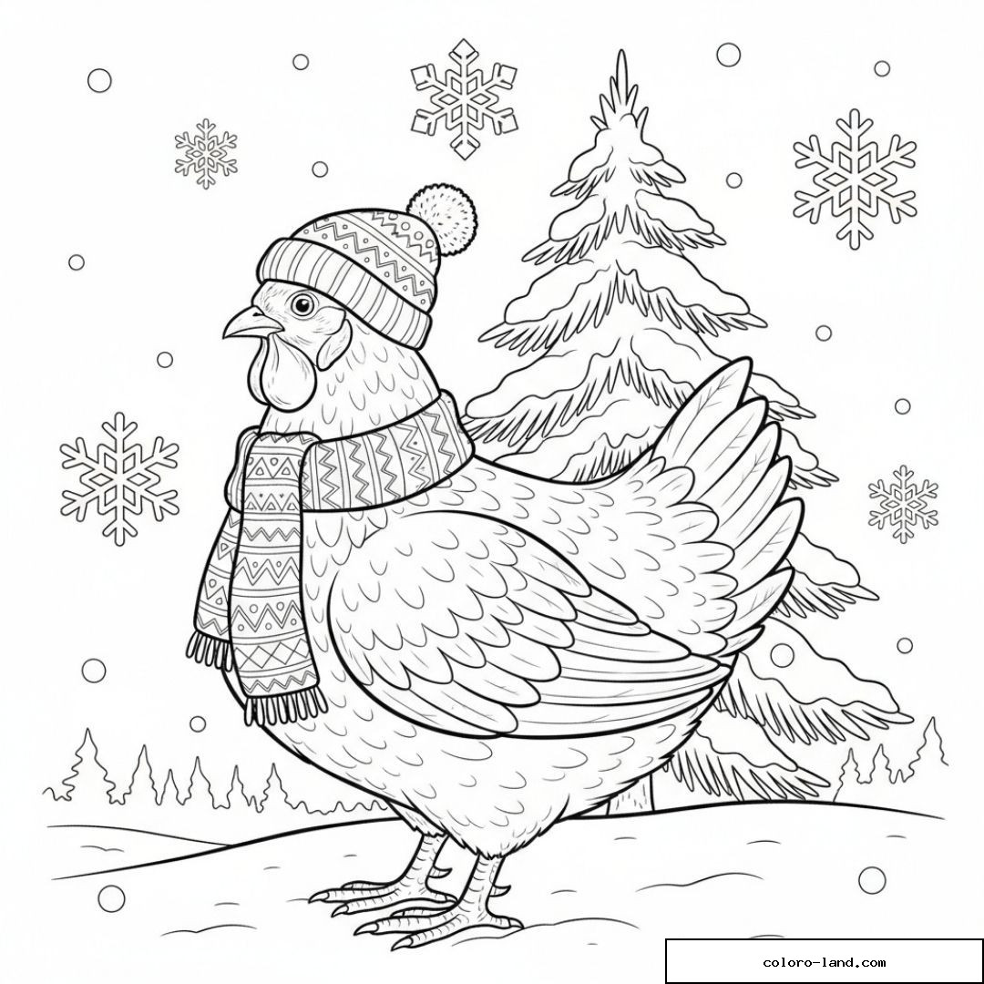 Poule avec bonnet et écharpe devant un sapin et des flocons de neige à colorier