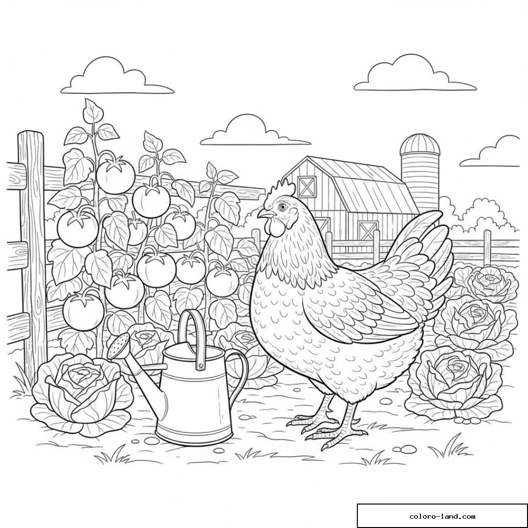Poule au jardin avec tomates et arrosoir