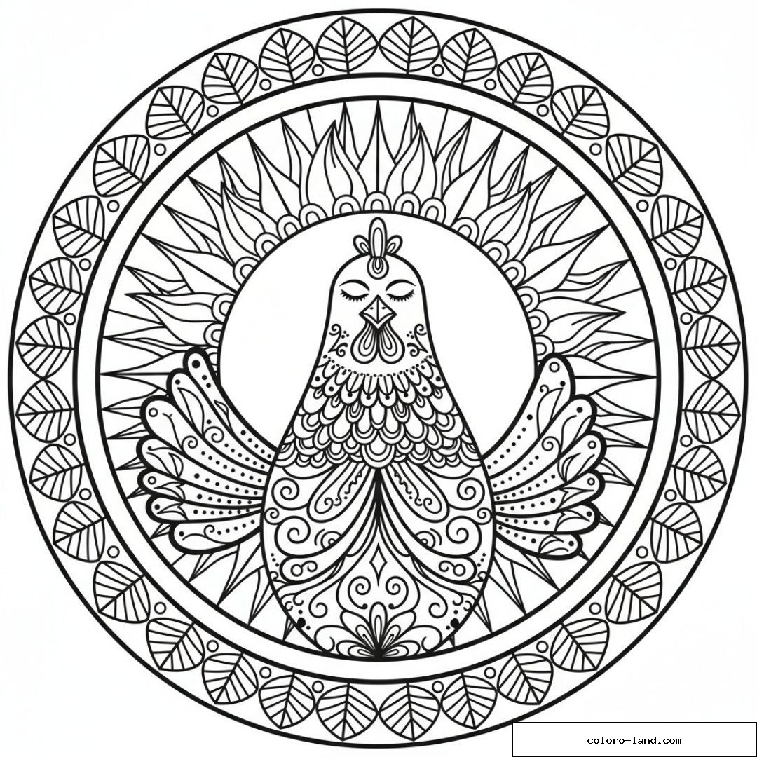 Mandala avec oiseau détaillé et motifs circulaires élaborés.