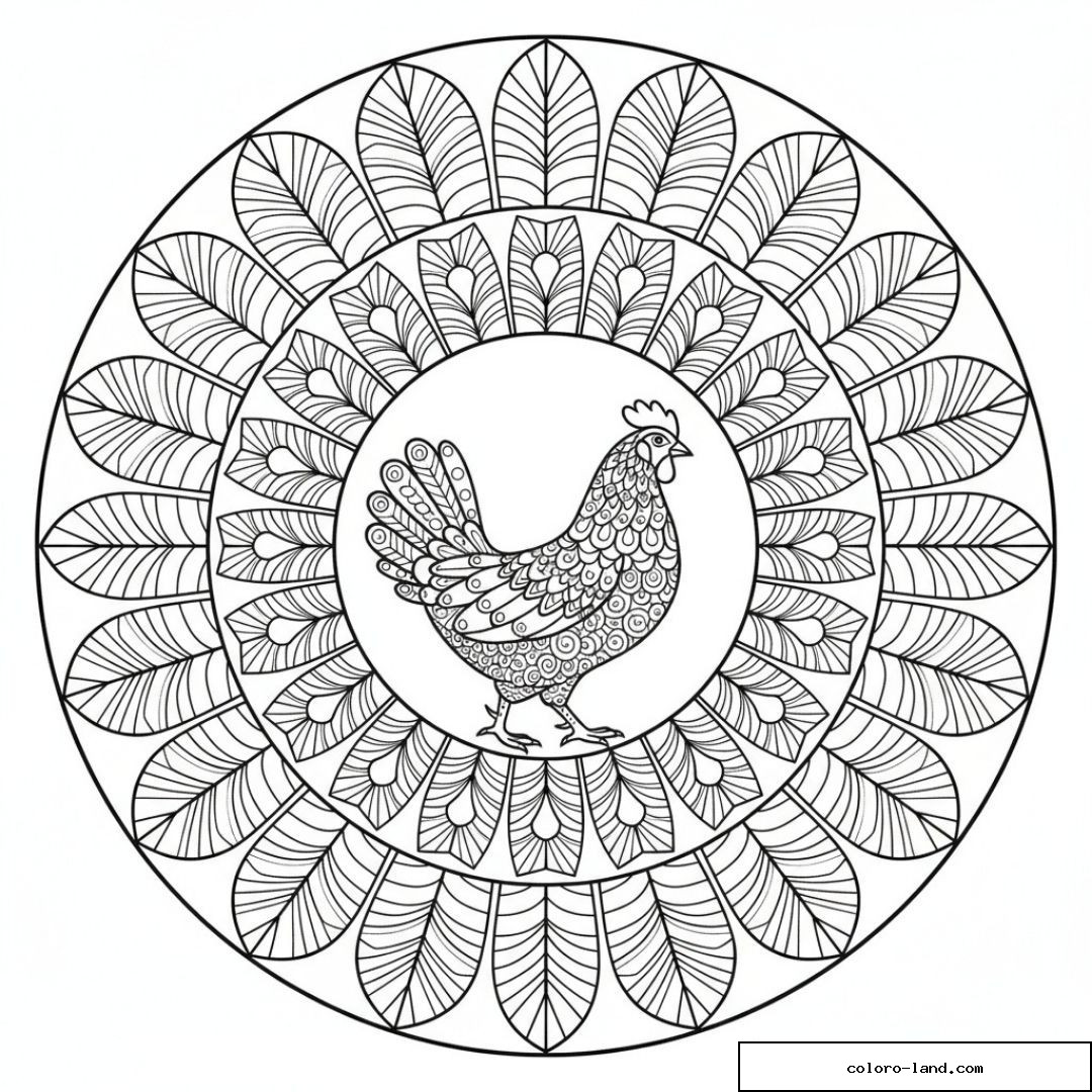 Mandala de poule décorative à colorier pour détente et créativité.