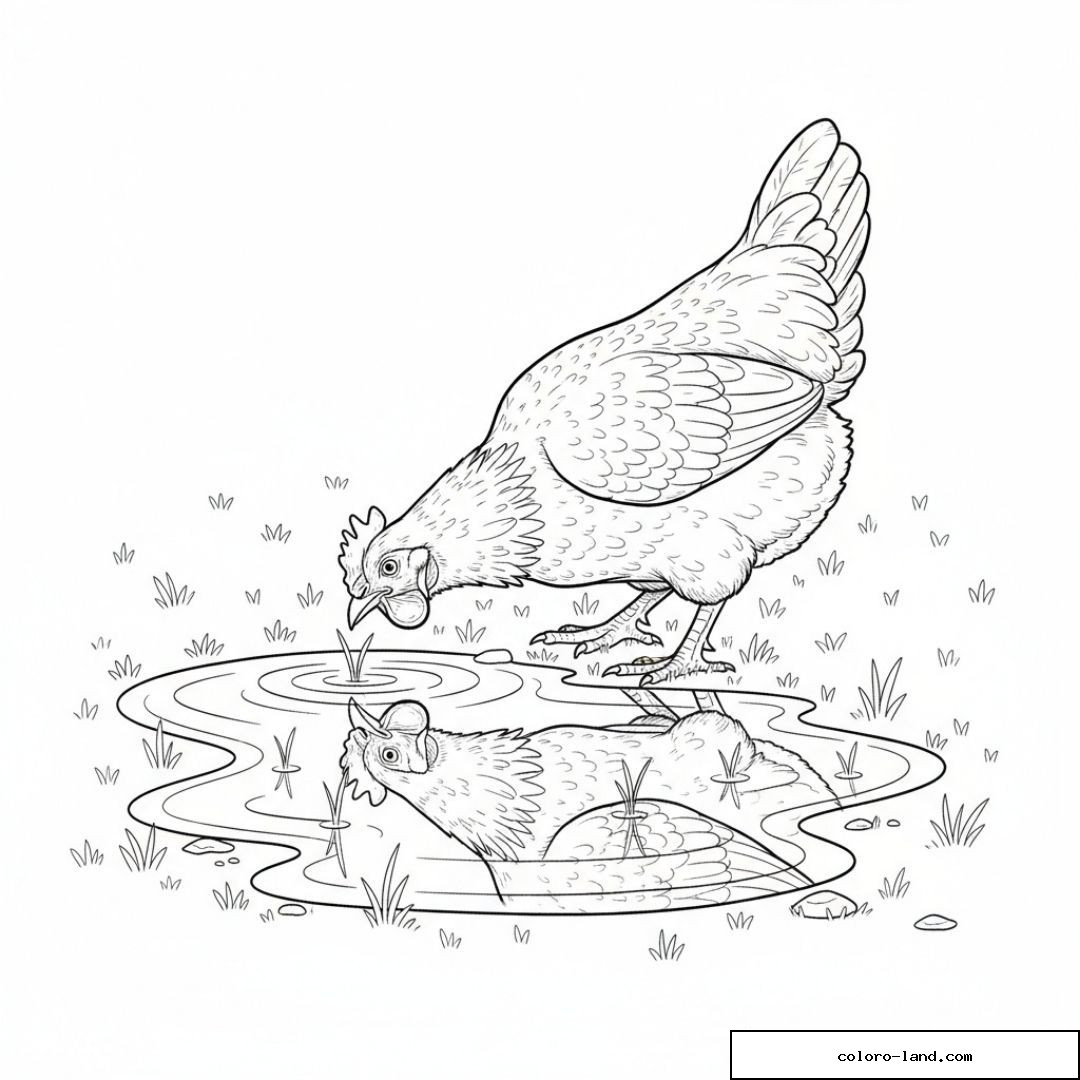 Dessin de poule se regardant dans une flaque d'eau à colorier.