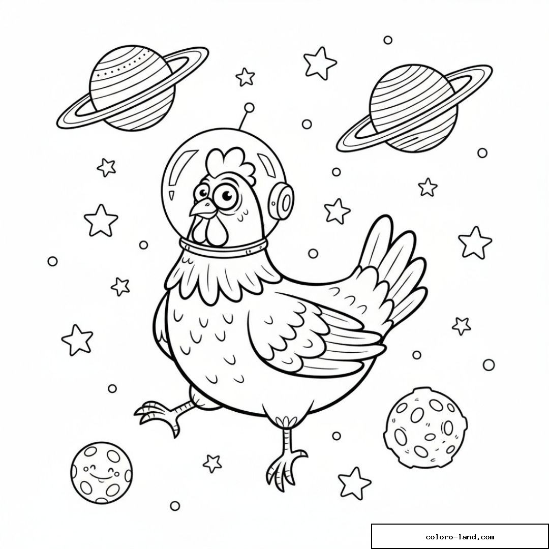 Poule astronaute avec casque flottant parmi étoiles et planètes.