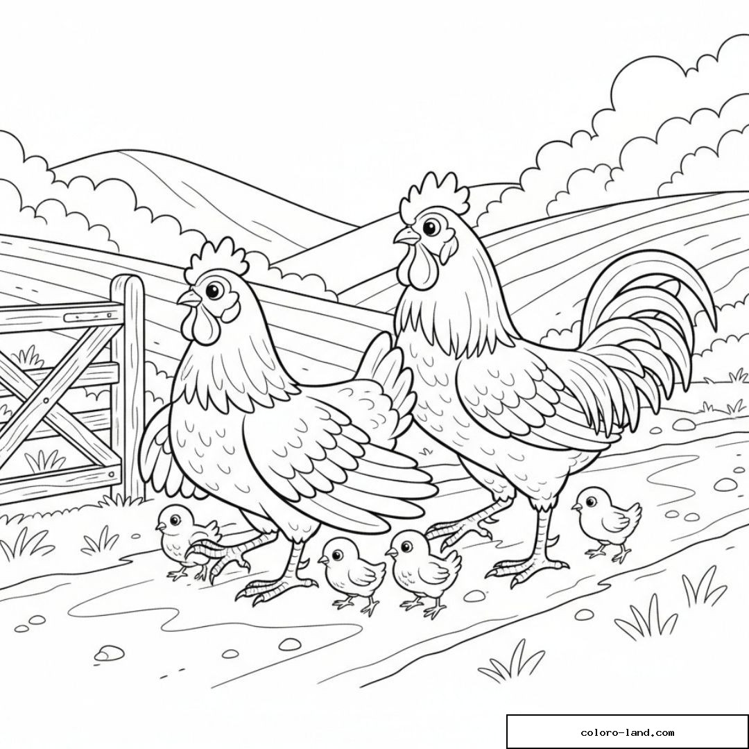 Dessin de poules et poussins dans une ferme pittoresque.