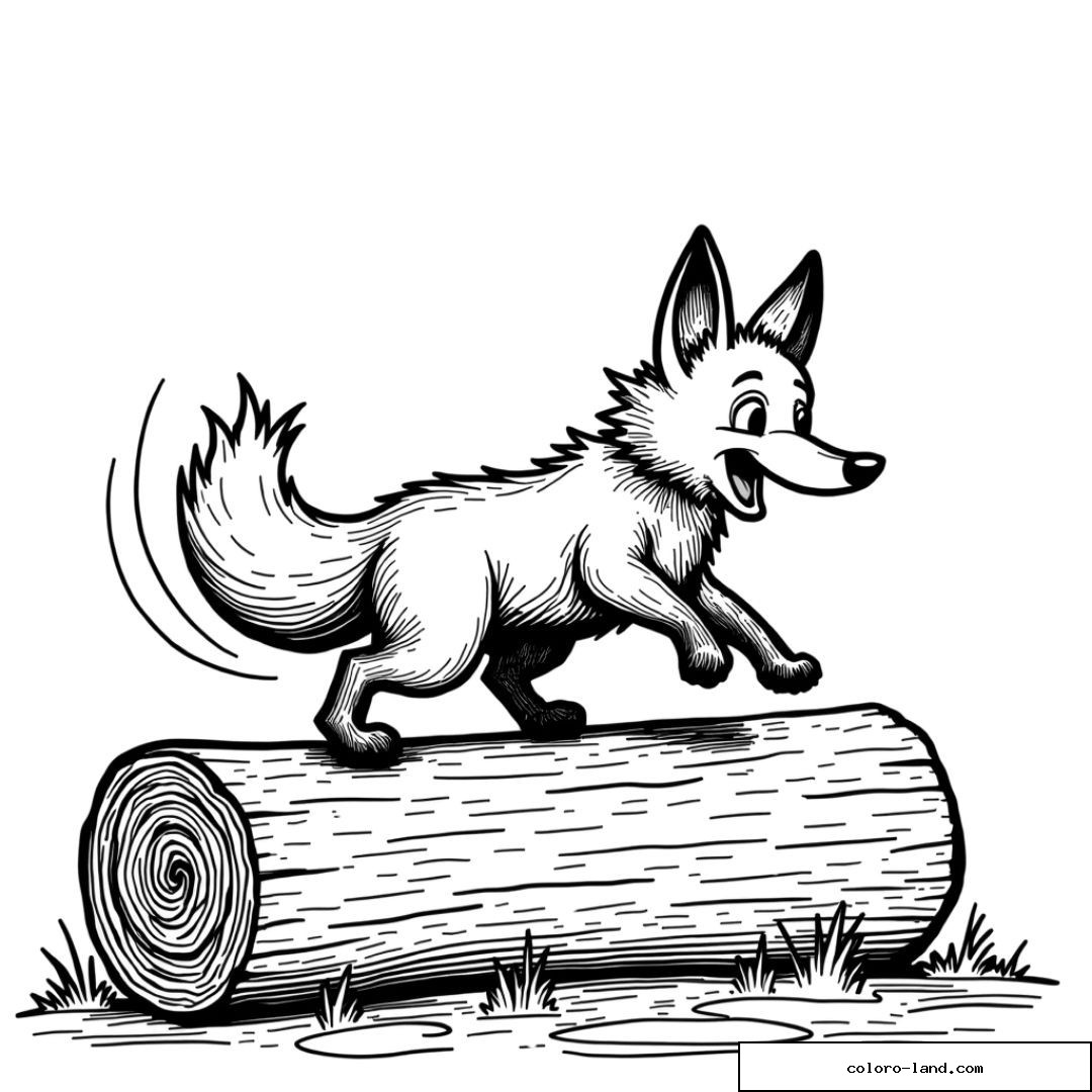 Un renard joyeux sautant sur une bûche au milieu de la nature