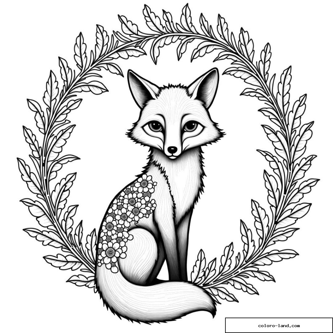 Coloriage d'un renard mignon avec des fleurs et des feuilles