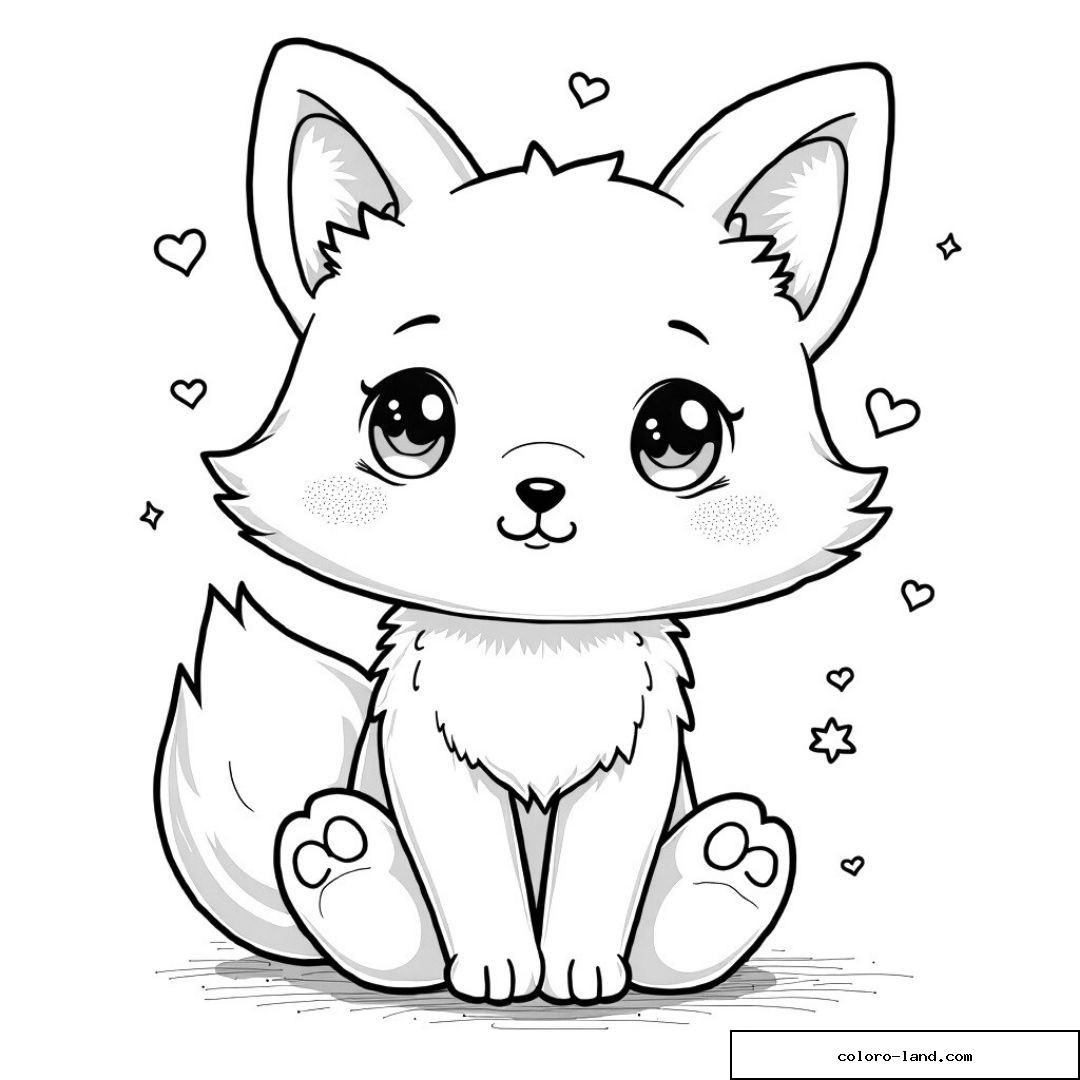 Renard cute entouré de cœurs et d’étoiles à colorier pour les enfants.