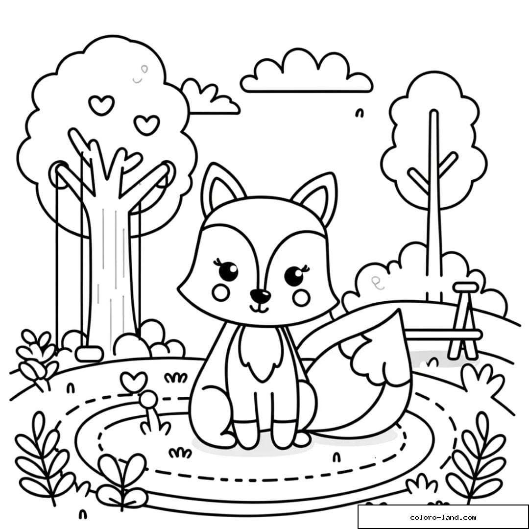 Renard se promenant dans le parc, dessin à colorier pour enfants